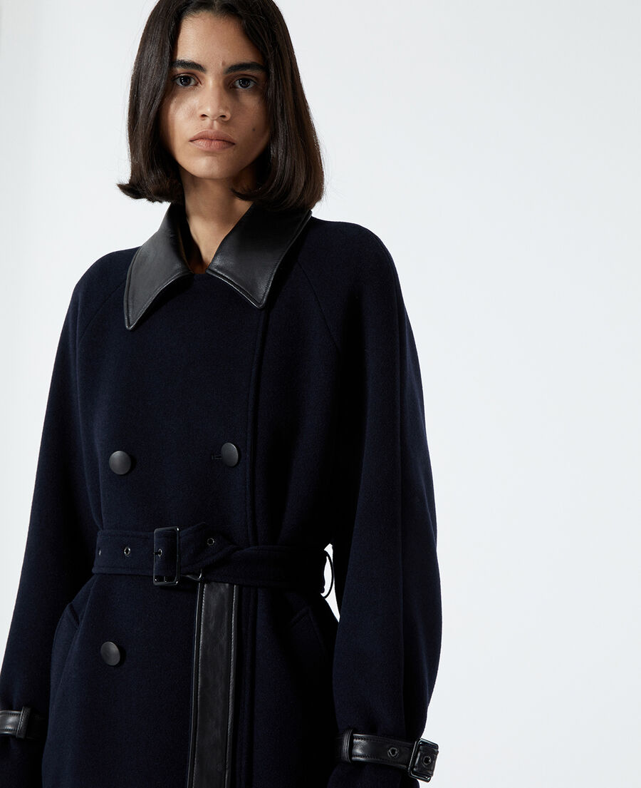 trench-style navy blue wool coat