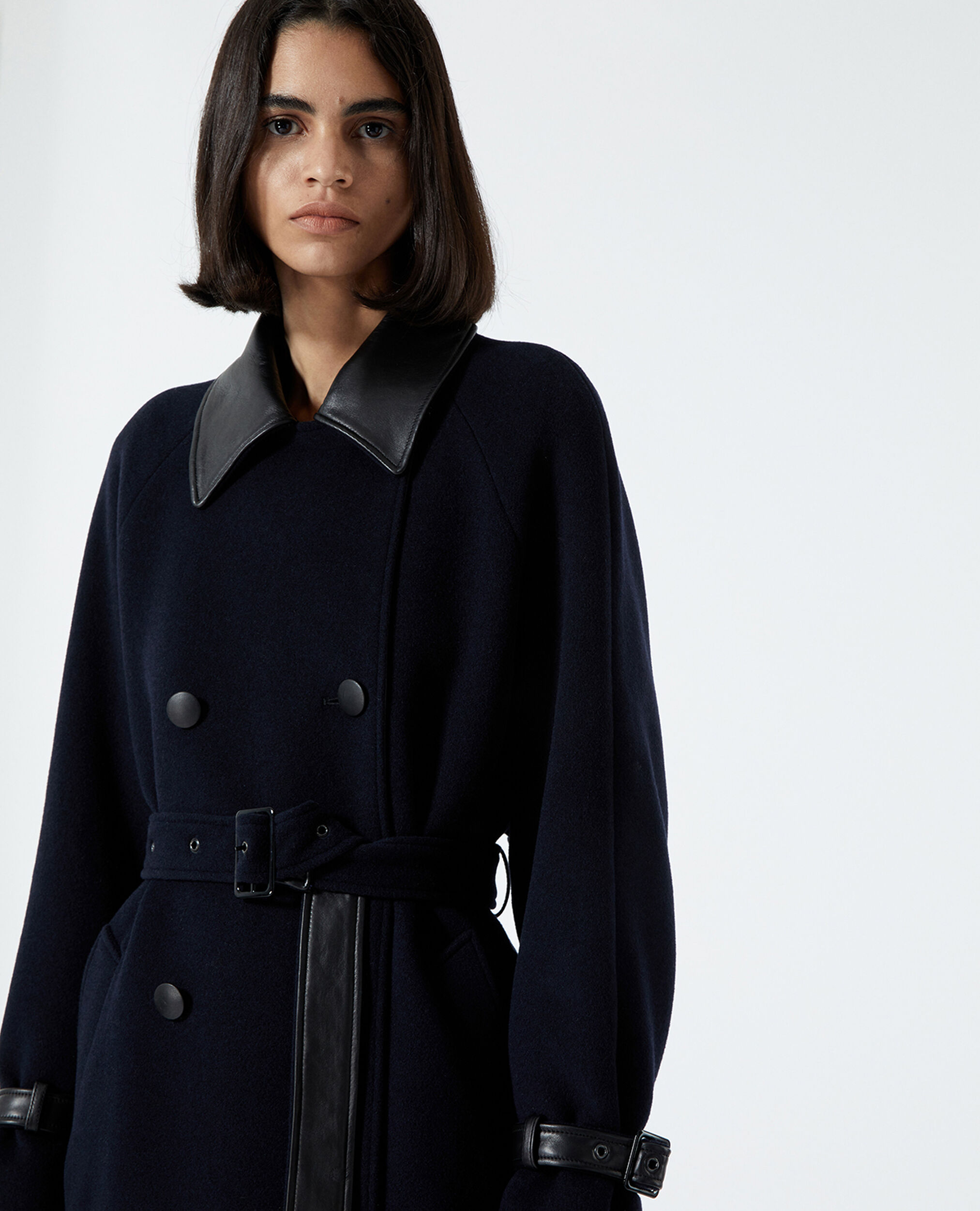 Trench-style navy blue wool coat, DARK NAVY, hi-res image number null