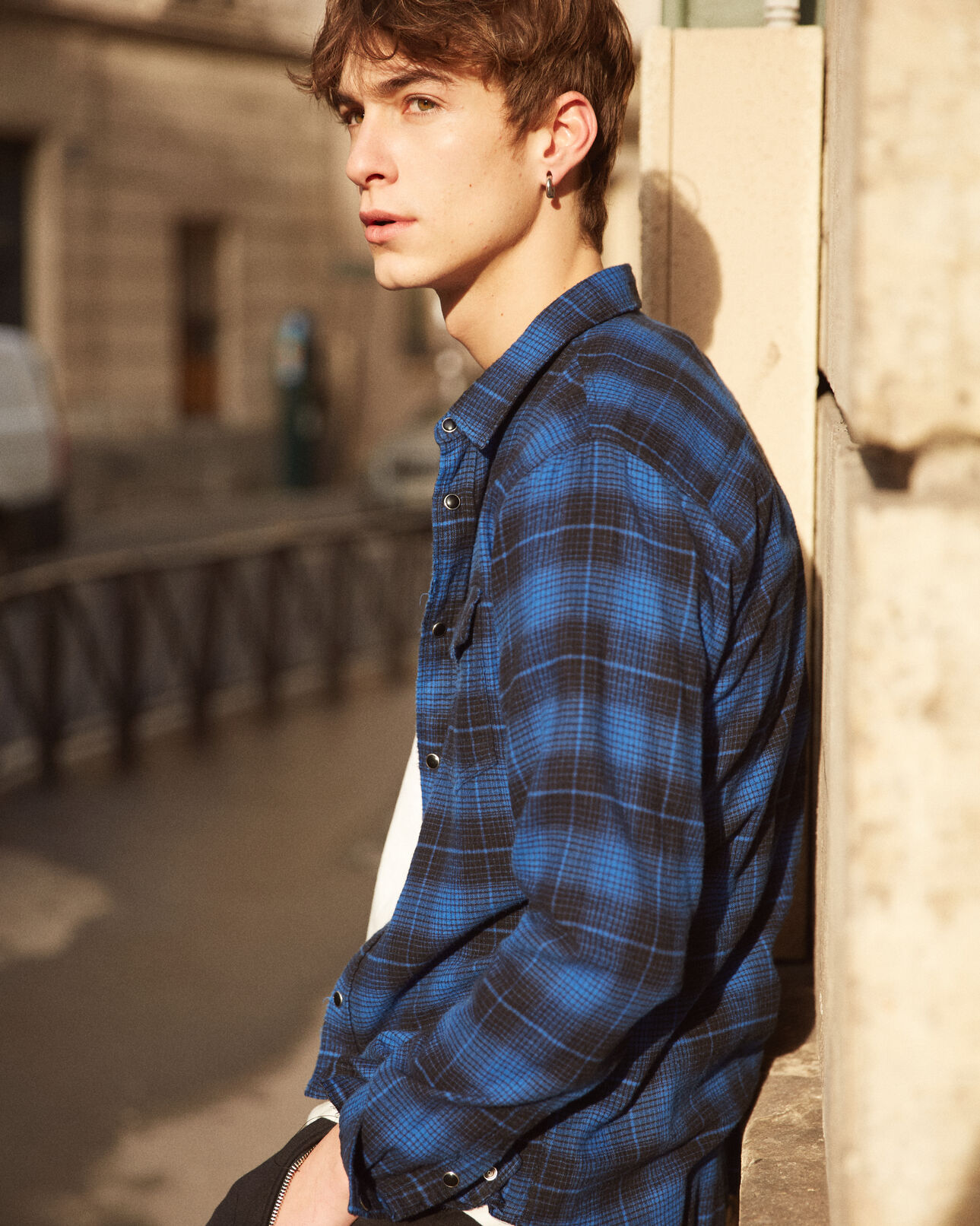 The Kooples MEN ROYAL BLUE / BLACK shirt with black and blue check motif and press studs