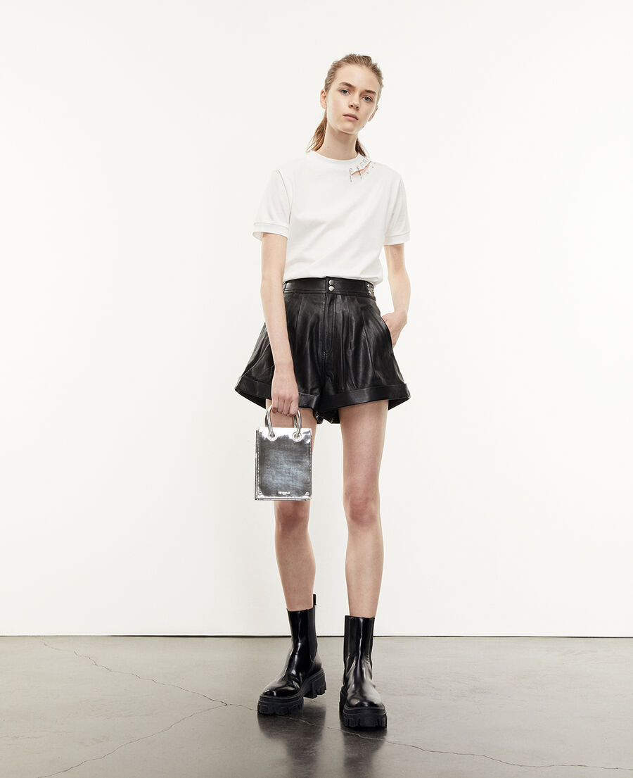 High-waisted black leather shorts with ties