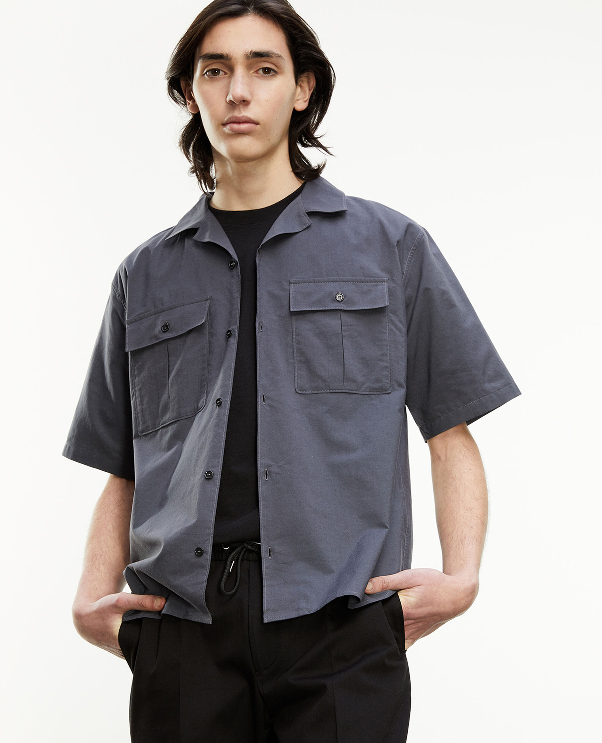 Charcoal gray cotton shirt with pockets, DARK GREY, hi-res image number null