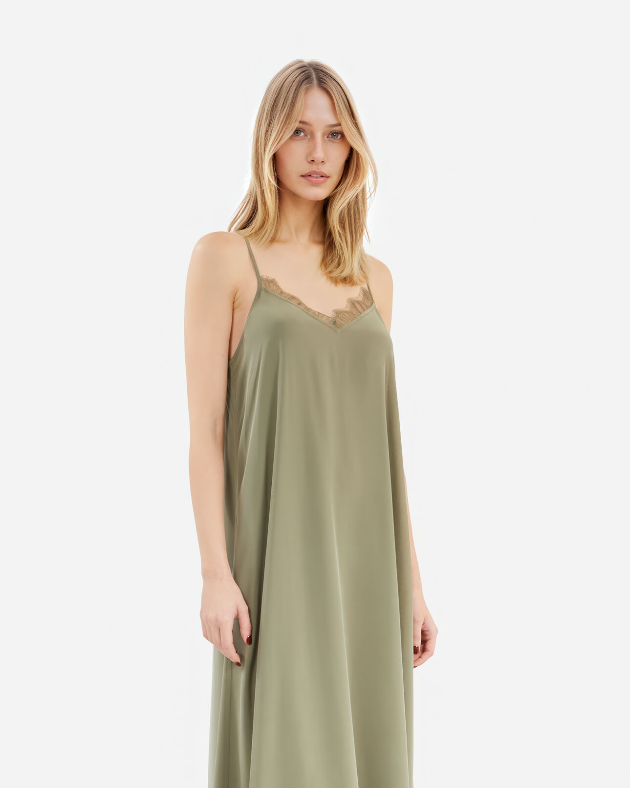 The Kooples WOMEN OLIVE KAKI khaki silk long babydoll dress