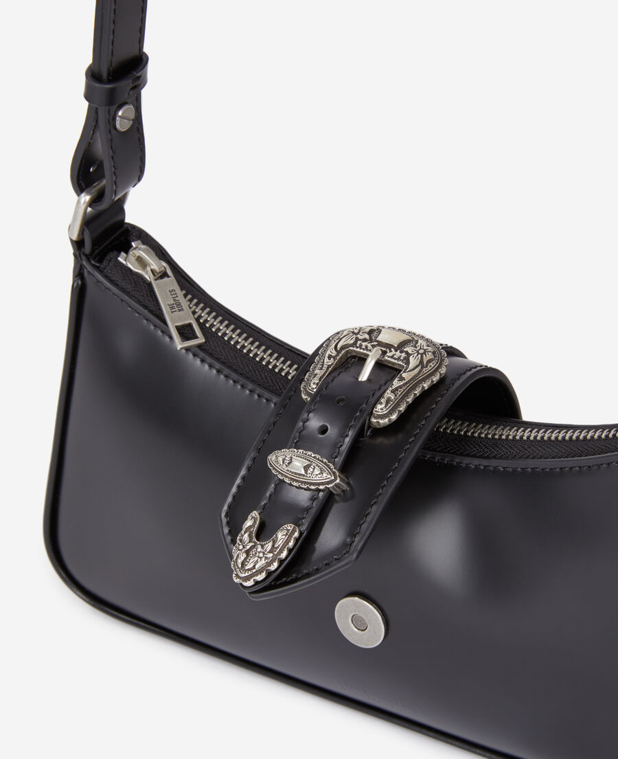 Black Joe glazed leather baguette bag with Western buckle