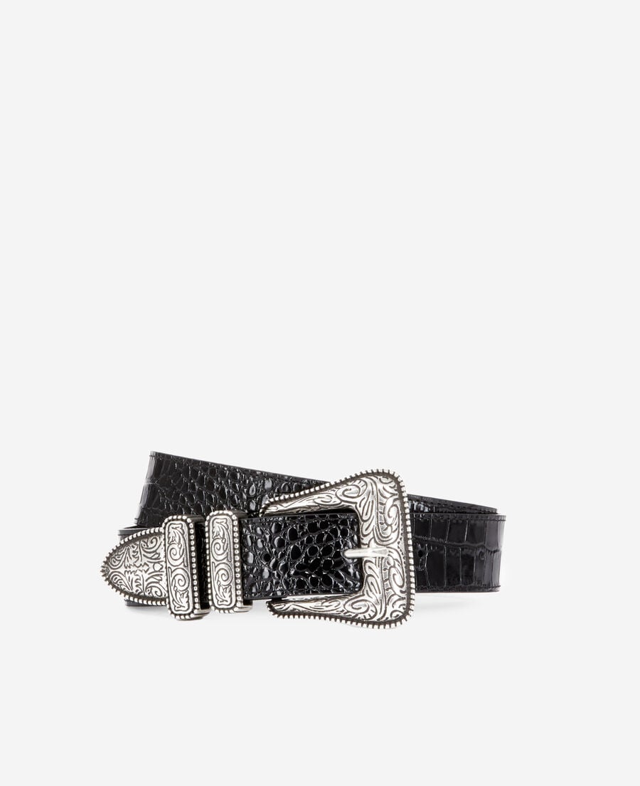 The Kooples F BLACK black crocodile effect leather belt with western buckle