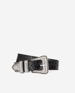 The Kooples F BLACK black crocodile effect leather belt with western buckle