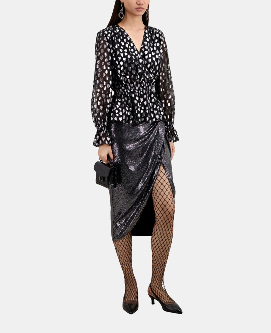 The Kooples DAMEN BLACK SILVER schwarzes top mit silbernen herzen