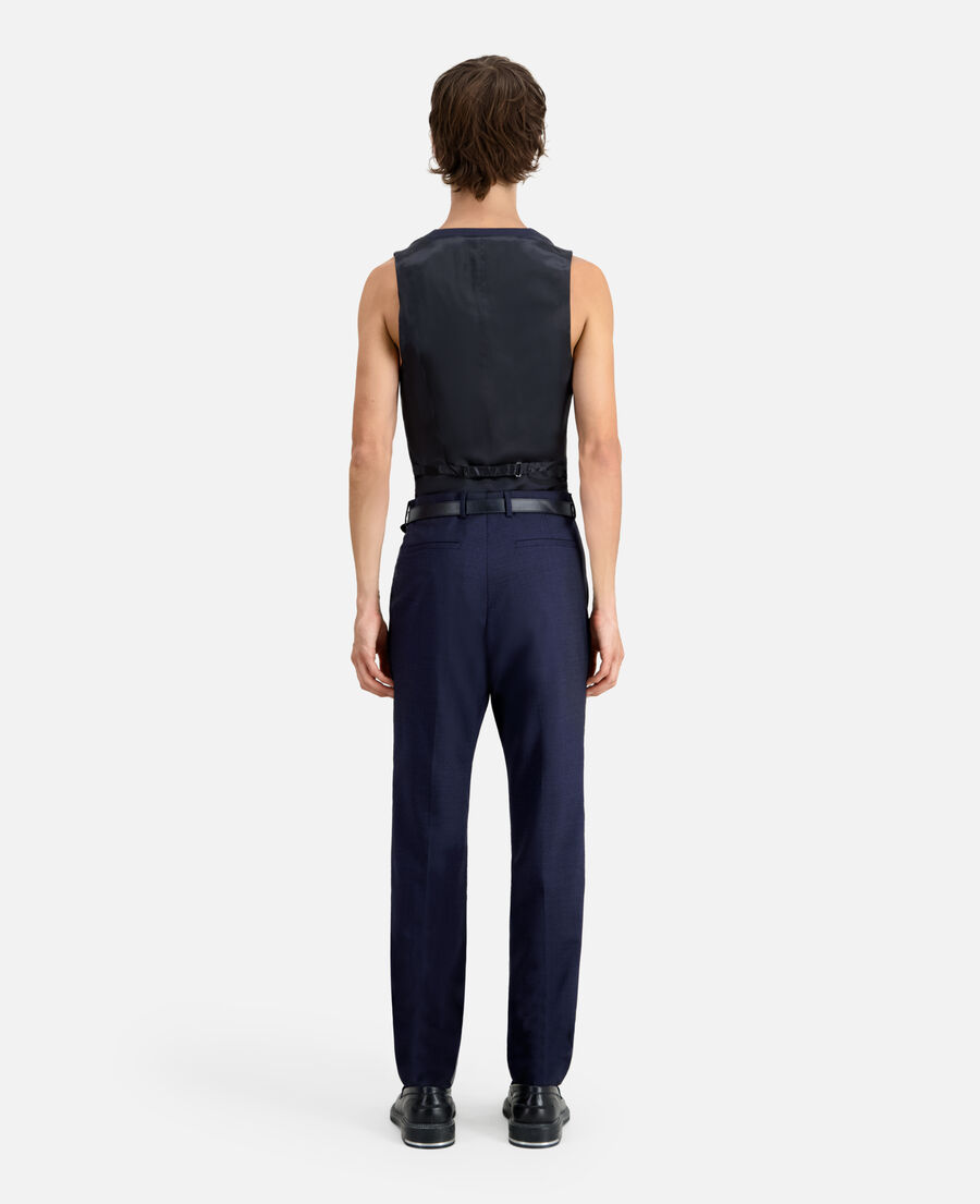 navy blue micro-pattern wool suit trousers