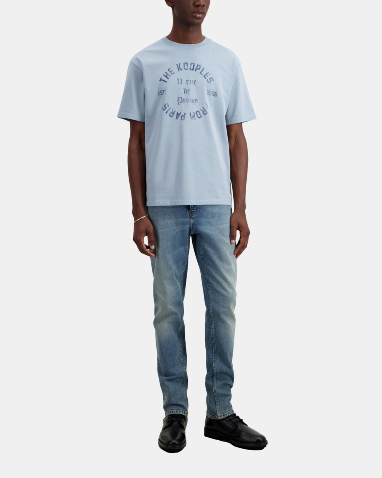 The Kooples MEN BLUE GREY light blue t-shirt with 11 rue de prony serigraphy