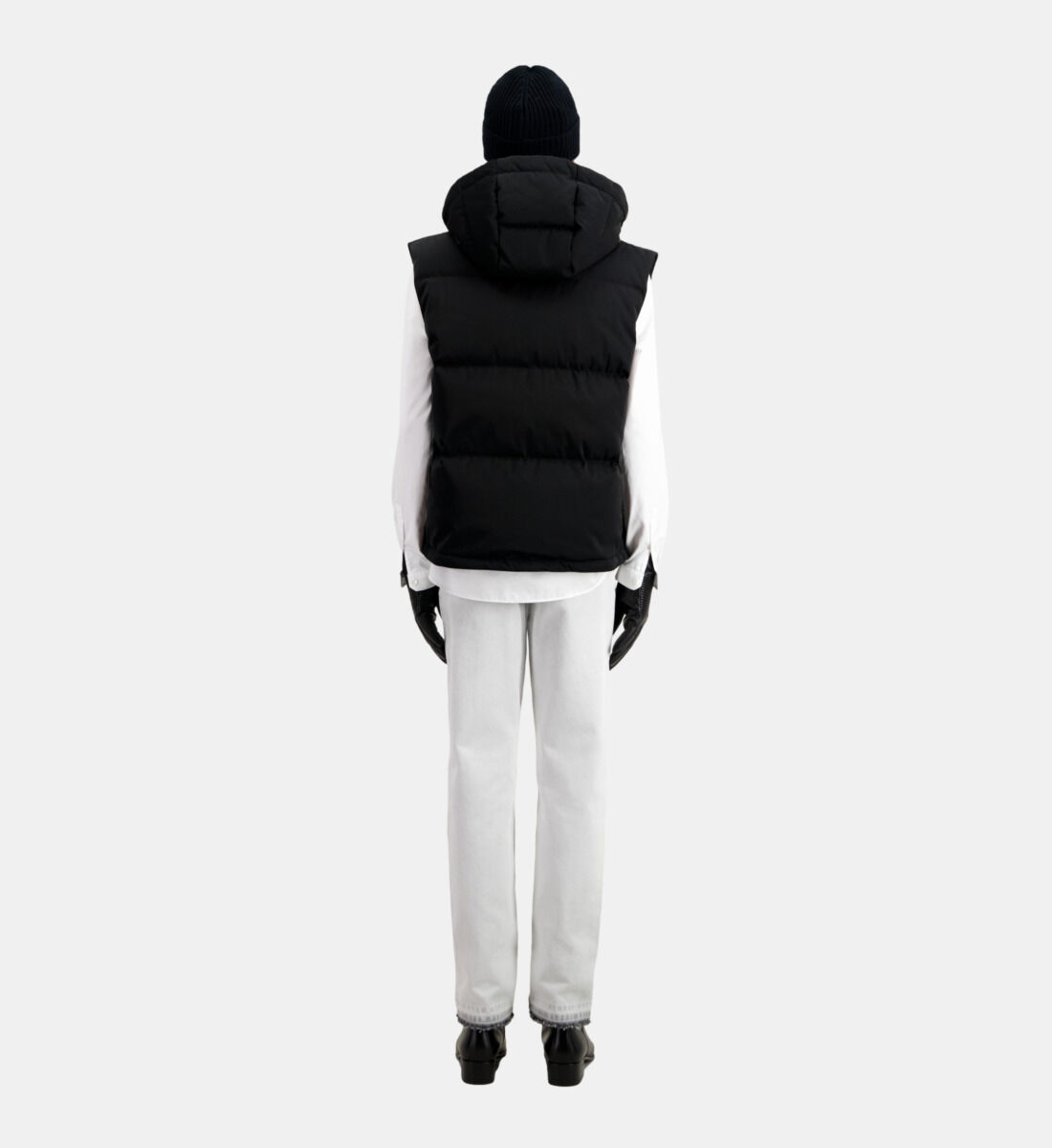 Black sleeveless hooded puffer jacket