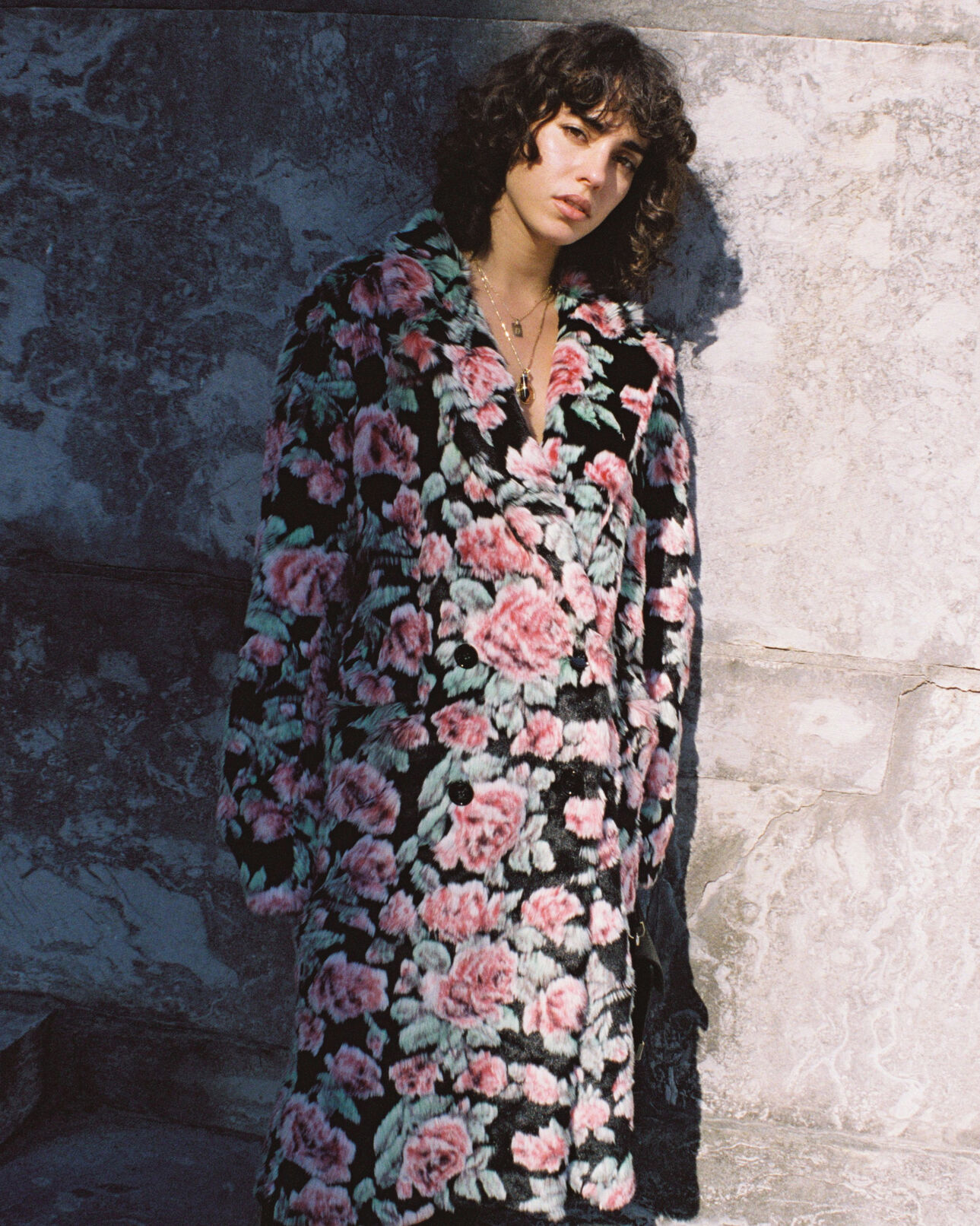 The Kooples WOMEN BLACK / PINK long fur coat with neon rose print