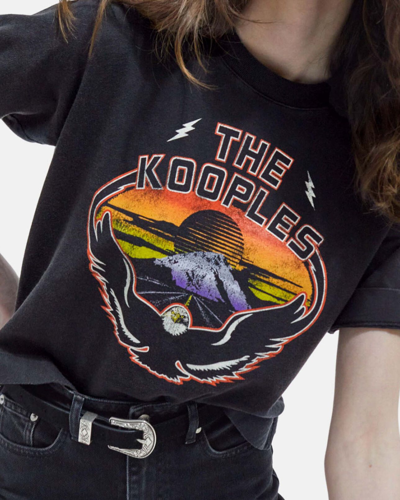 The Kooples WOMEN BLACK WASHED black short-sleeve cotton t-shirt with eagle print