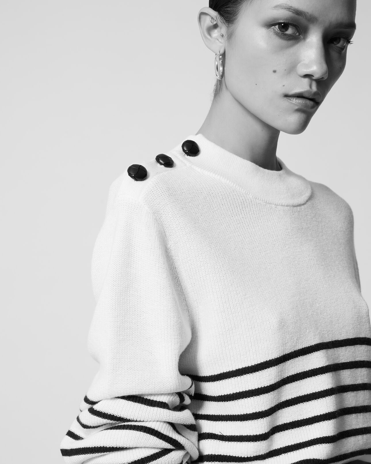 The Kooples FEMME ECRU pull marinière laine écrue boutons cuir