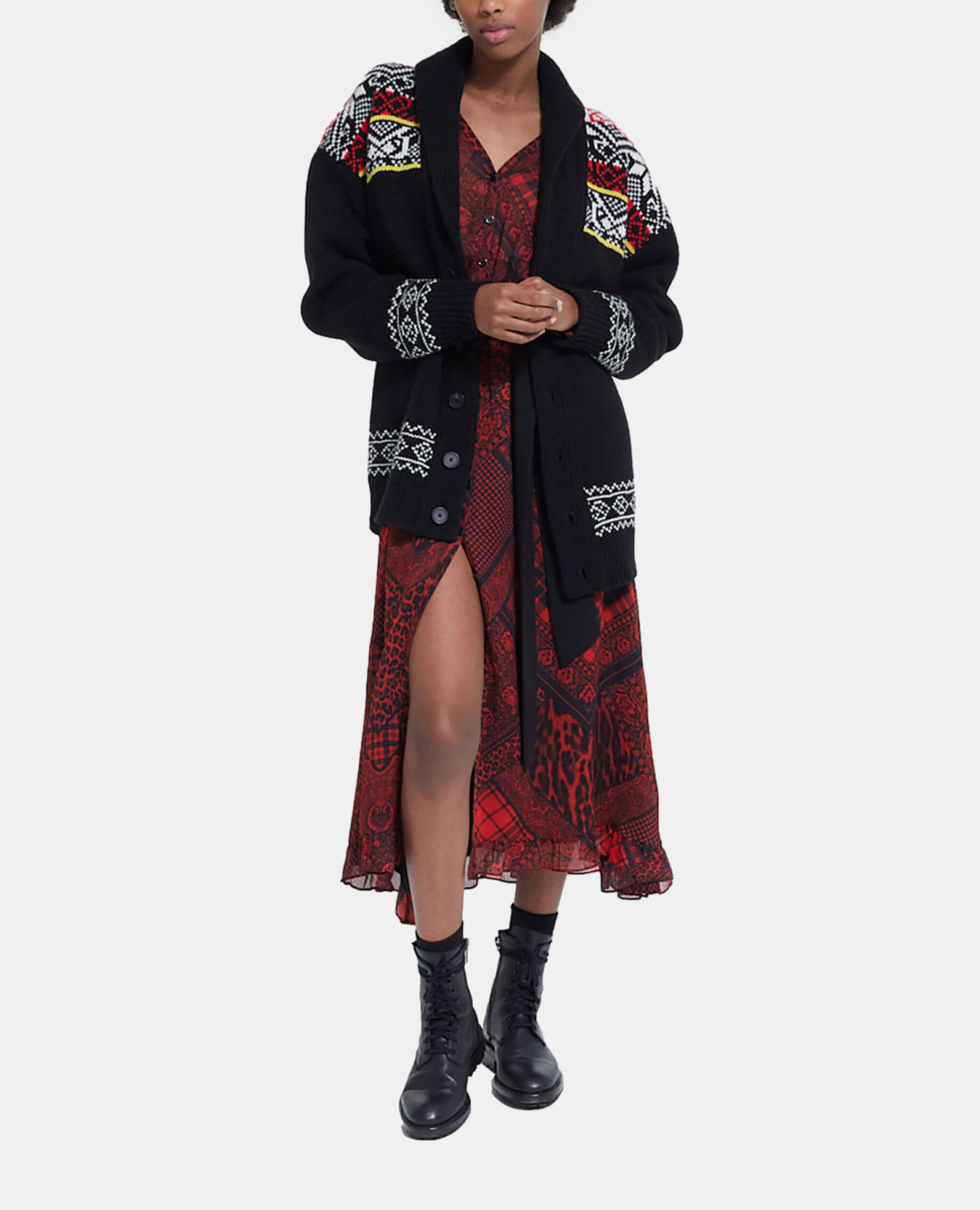 Cardigan en laine à motifs, BLACK / RED / YELLOW, hi-res image number null