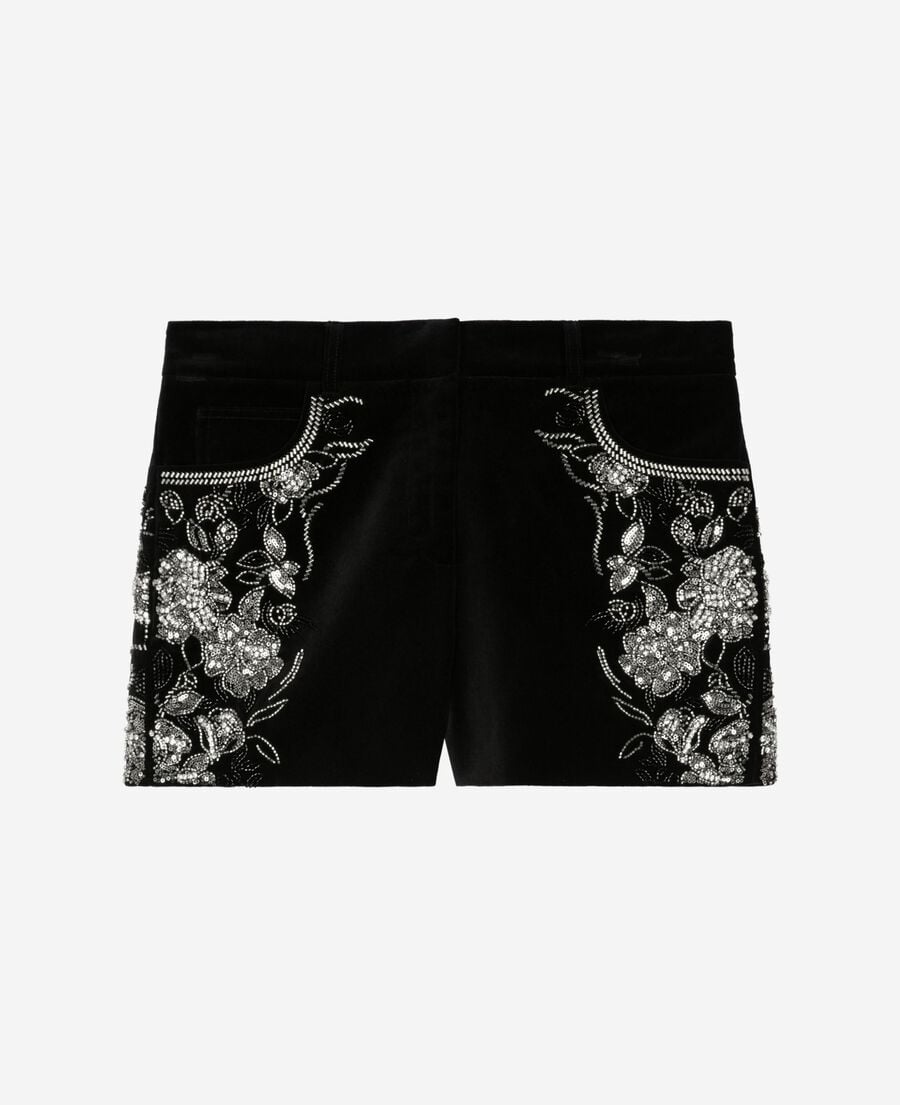 The Kooples FEMME BLACK short en velours brod&eacute; avec strass et perles noir