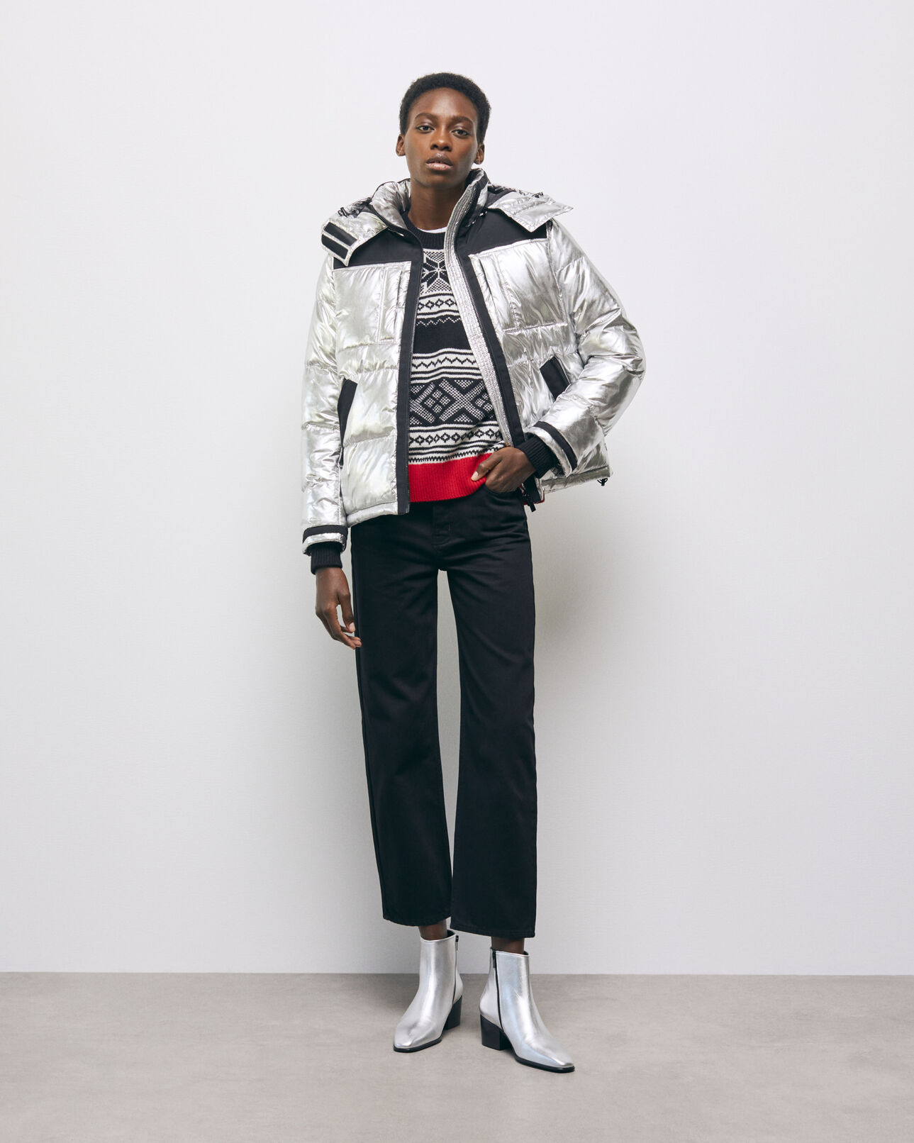 The Kooples WOMEN SILVER silver down jacket with straps and logo