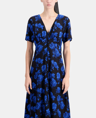 The Kooples WOMEN BLACK BLUE long printed silk dress with buttoning