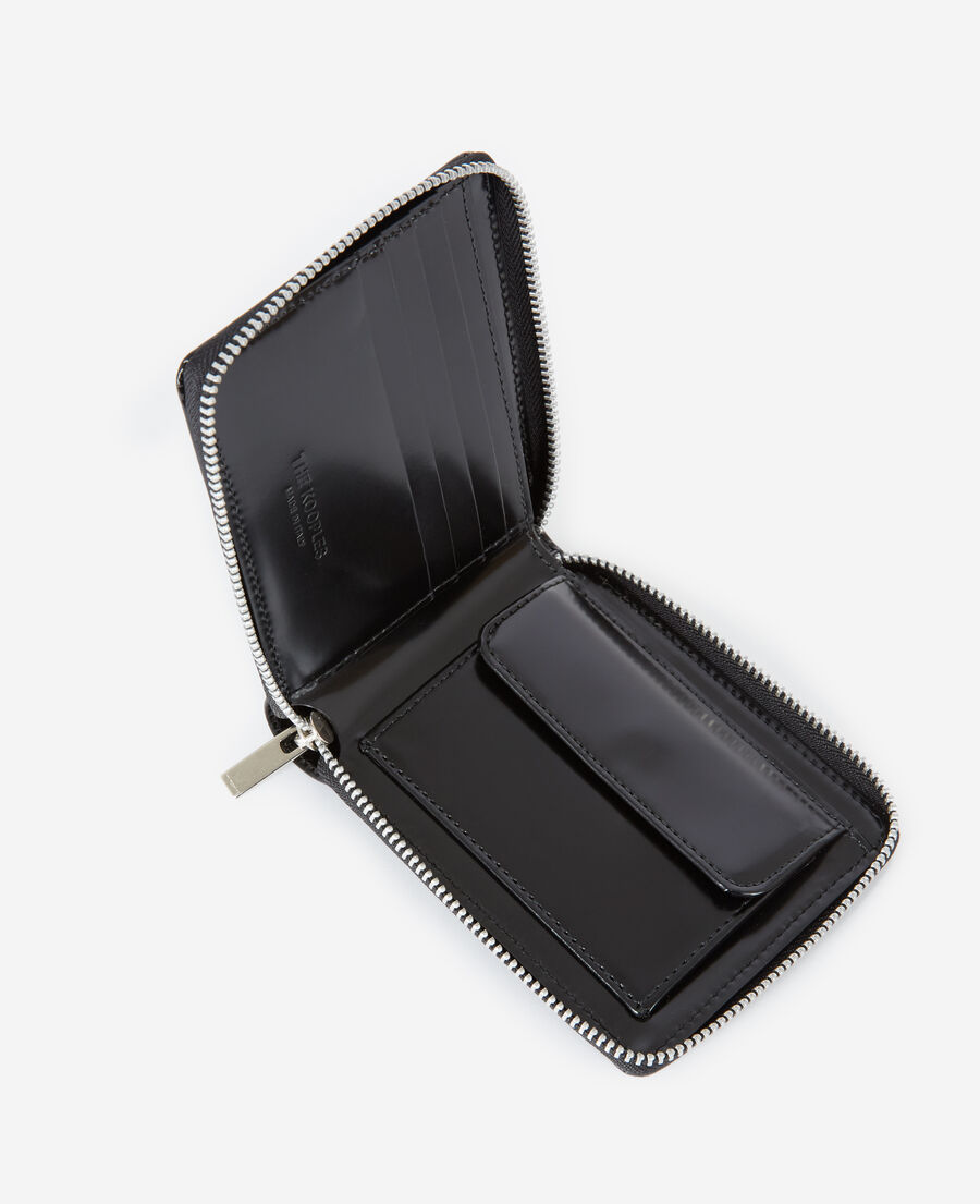 black leather wallet with silver zip