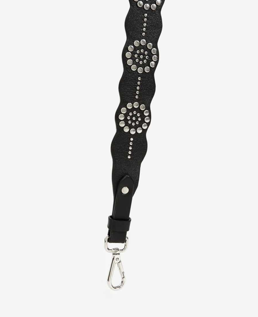 black leather strap with silver flower details