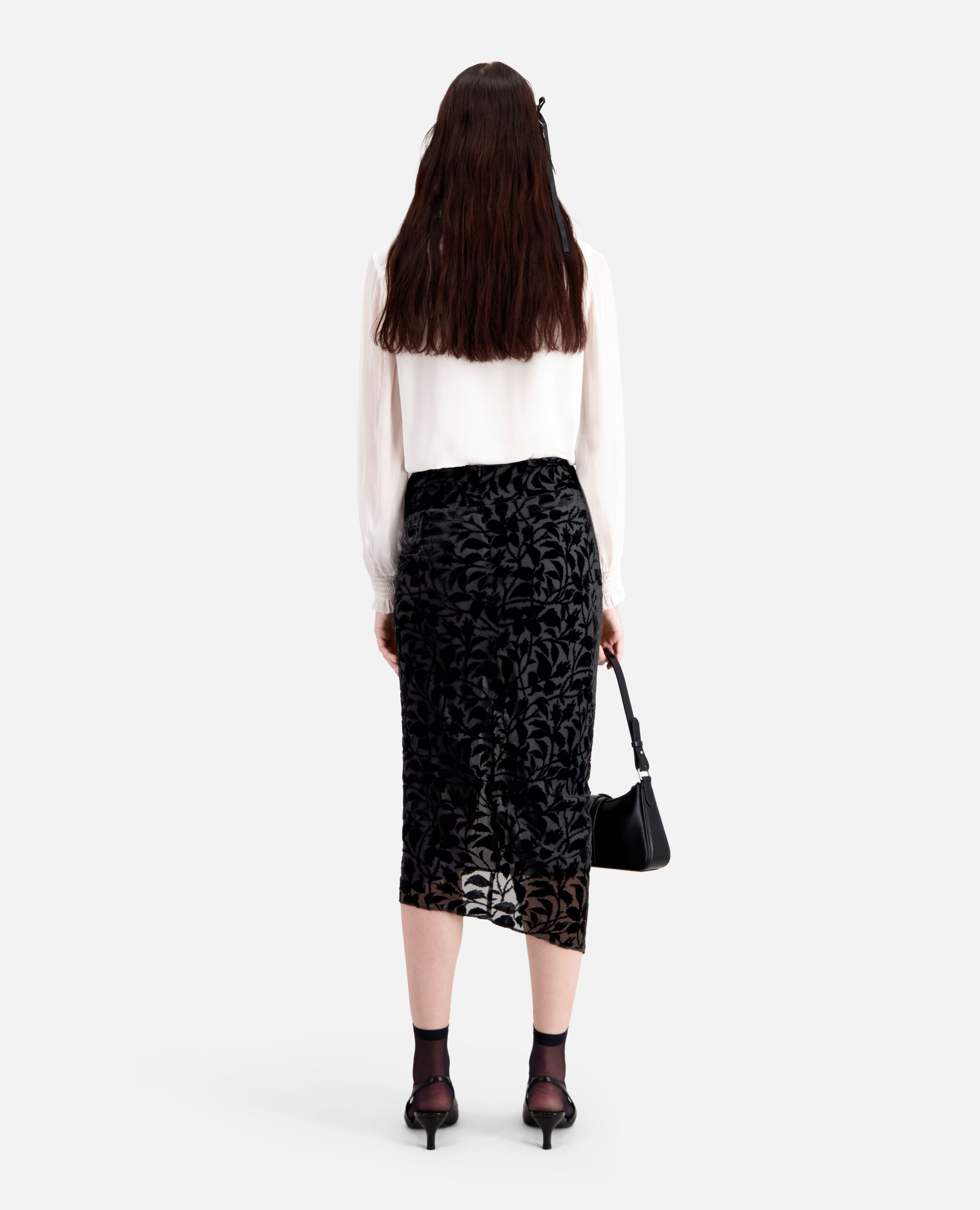 Black devoré velvet midi skirt, BLACK, hi-res image number null