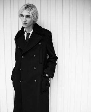The Kooples MEN BLACK long black wool coat with sherpa collar