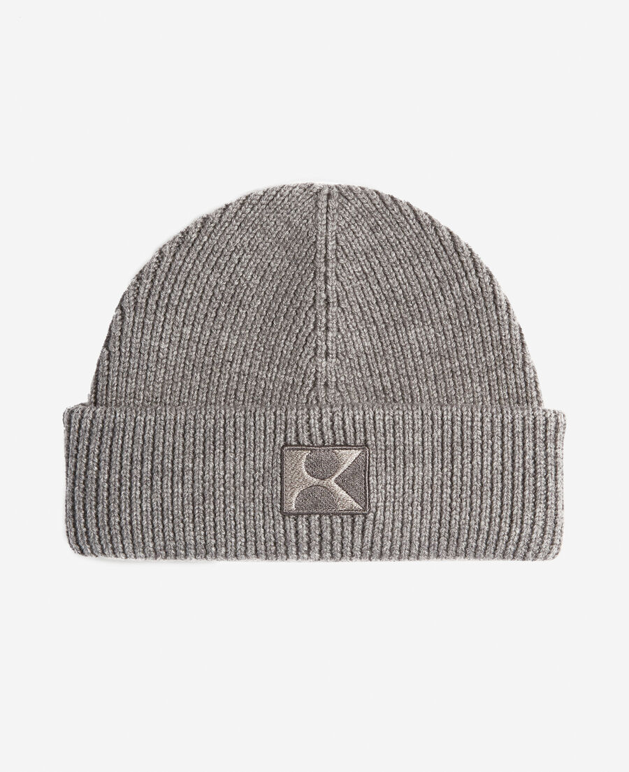 flecked gray wool hat with k monogram