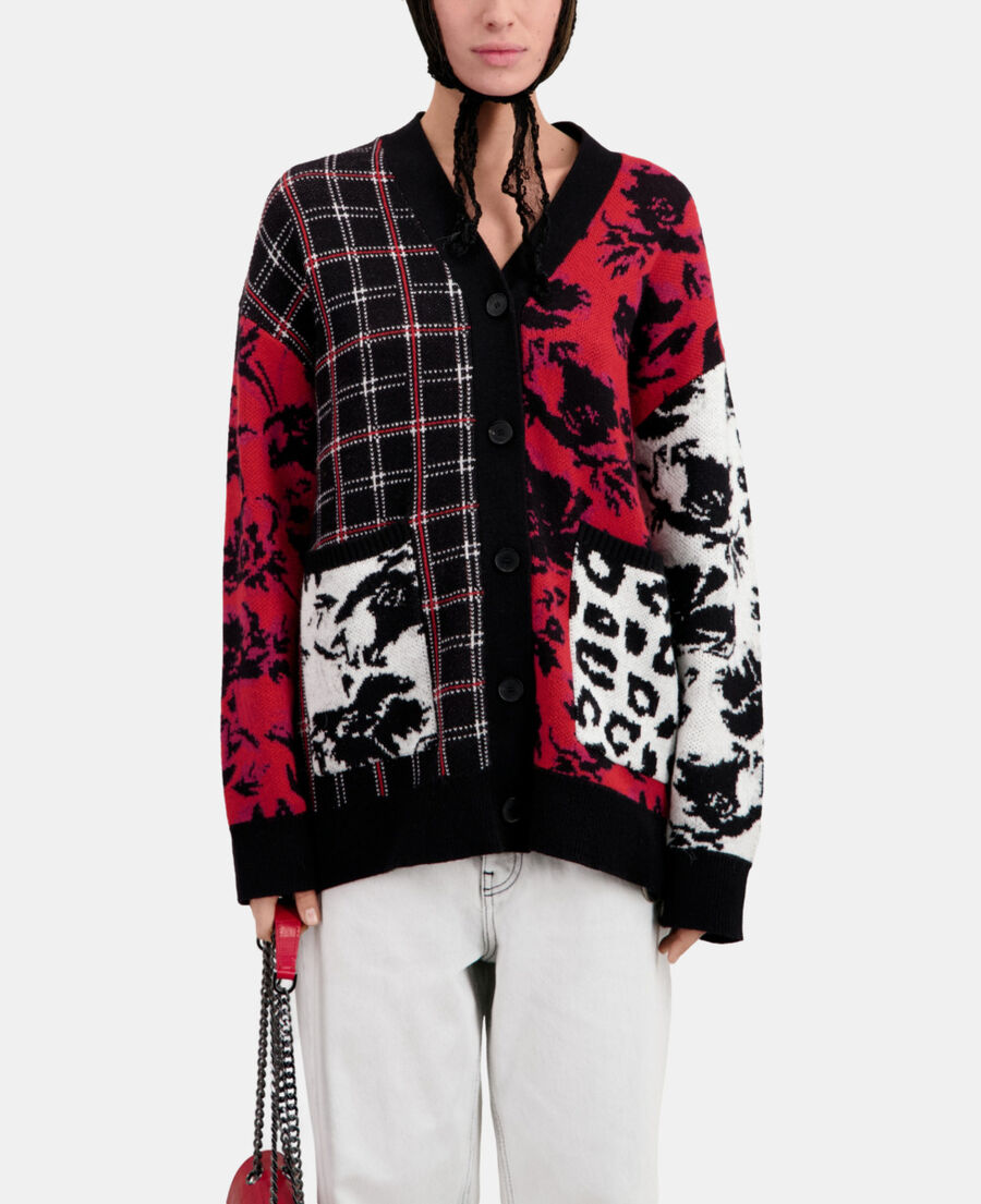 The Kooples DAMEN BLACK / BURGUNDY /WHITE patchwork-cardigan aus einer wollmischung