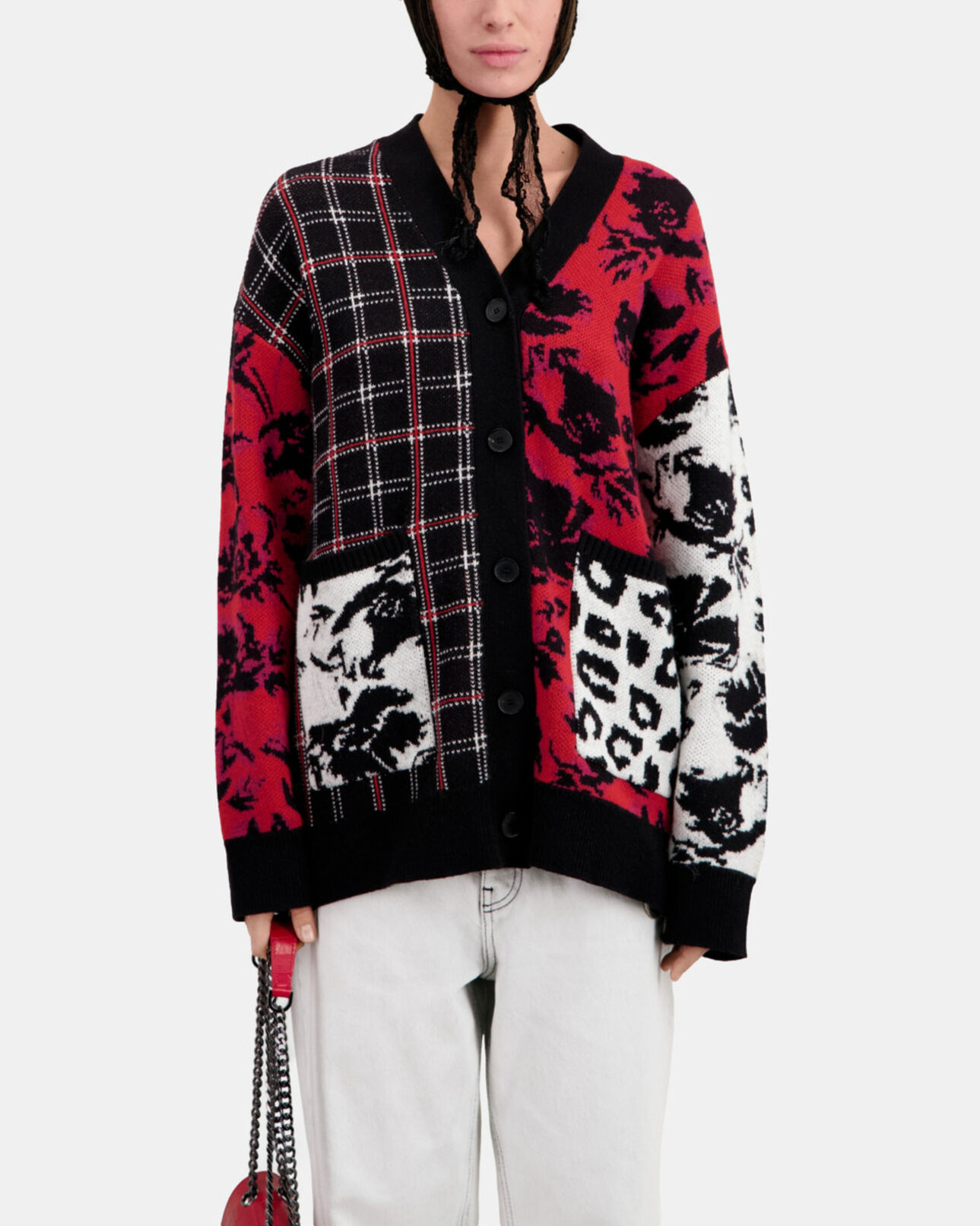 The Kooples WOMEN BLACK / BURGUNDY /WHITE wool-blend cardigan with patchwork