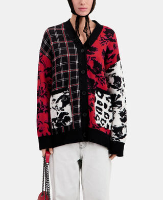 The Kooples DAMEN BLACK / BURGUNDY /WHITE patchwork-cardigan aus einer wollmischung