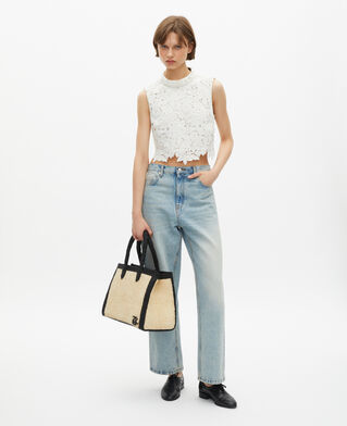 The Kooples FEMME ECRU BLACK sac cabas en raphia &eacute;cru