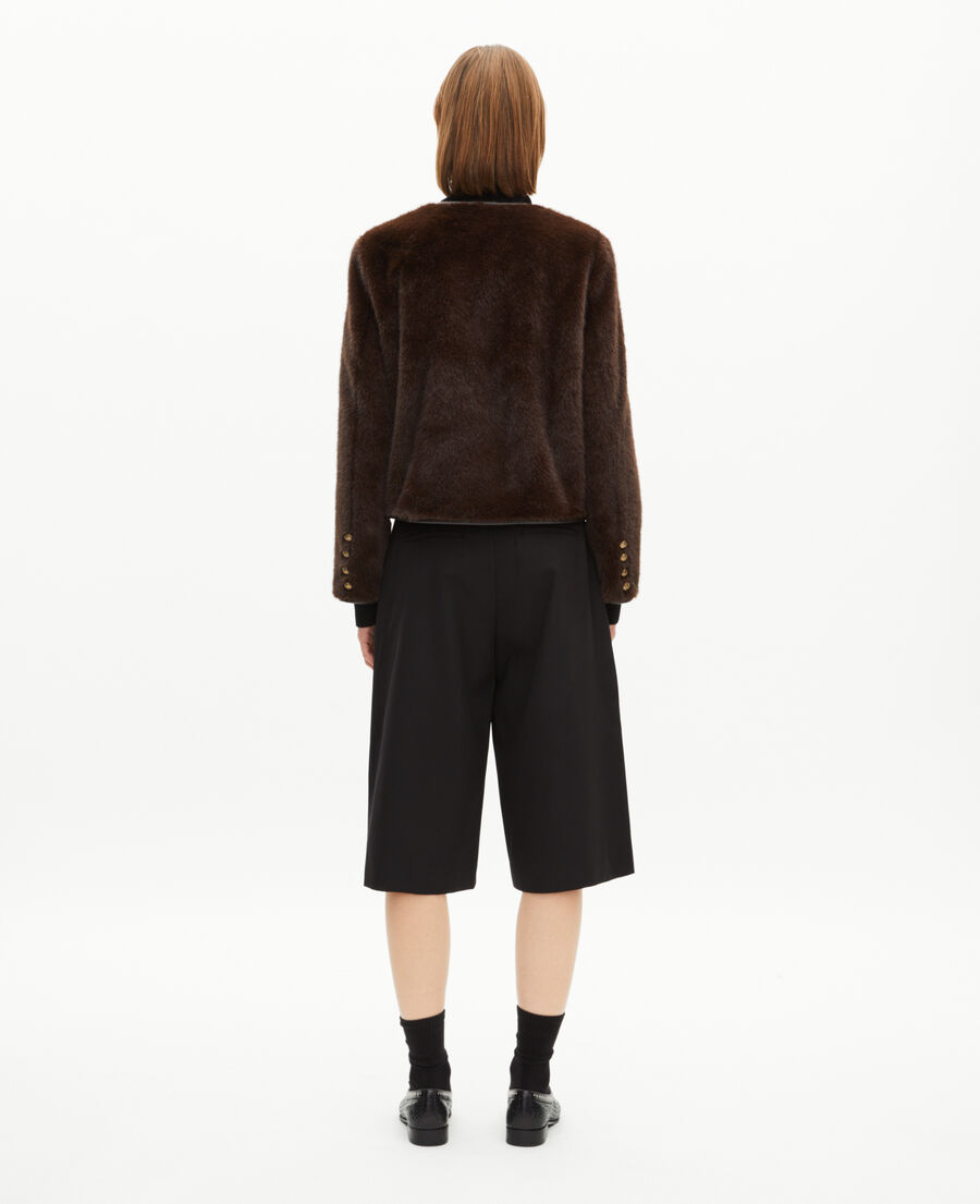The Kooples FEMME CHOCOLATE blouson effet fourrure avec d&eacute;tails de cuir marron