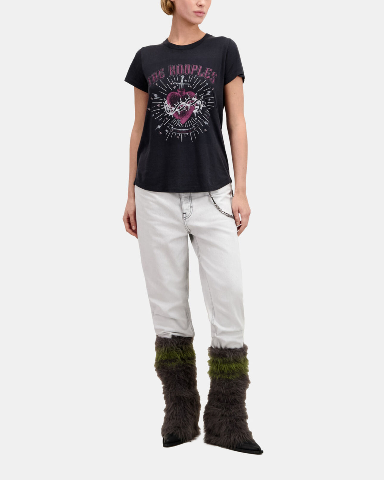 The Kooples WOMEN BLACK women's black t-shirt with dagger through heart serigraphy
