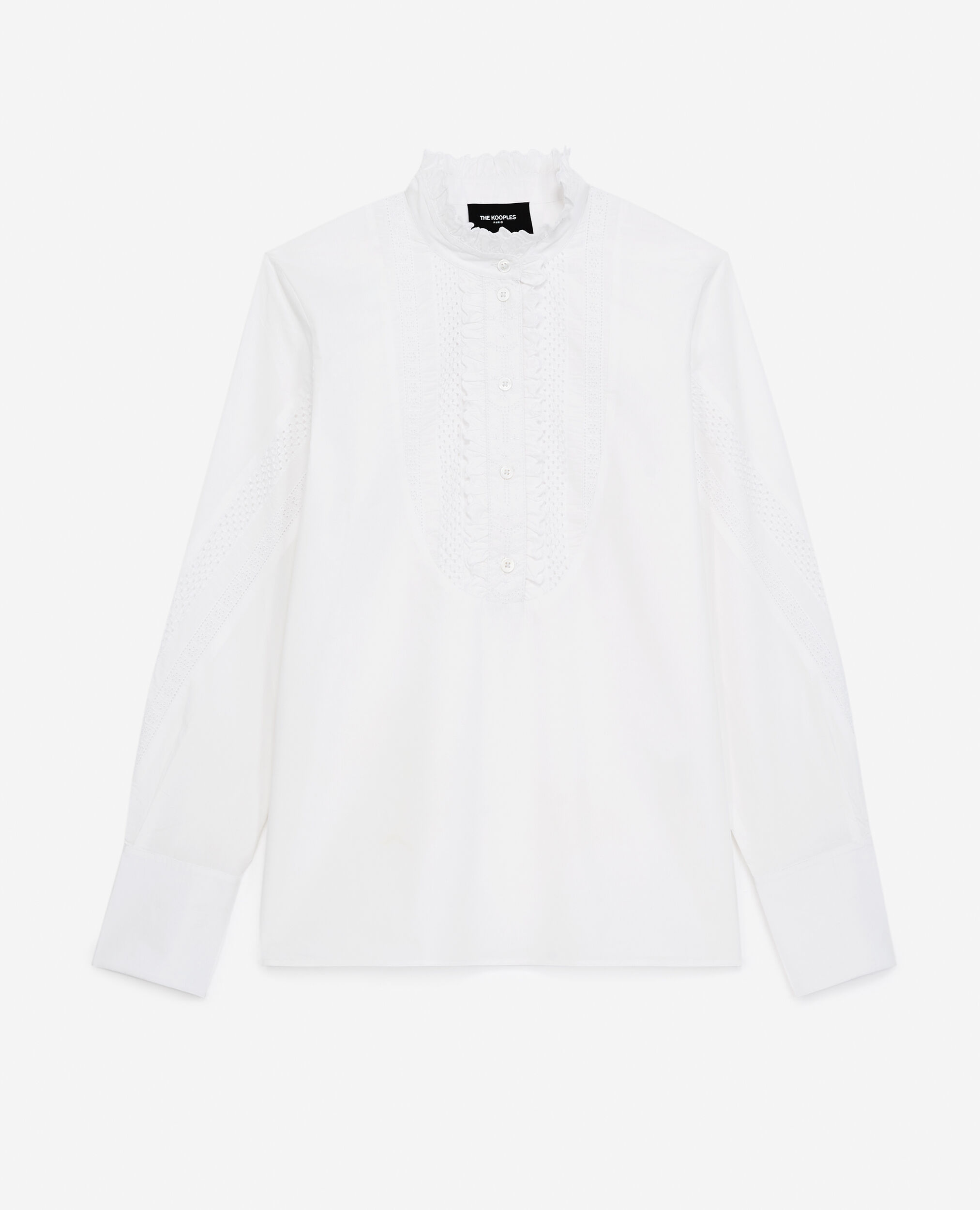 Cotton white shirt with embroidered sleeves, WHITE, hi-res image number null