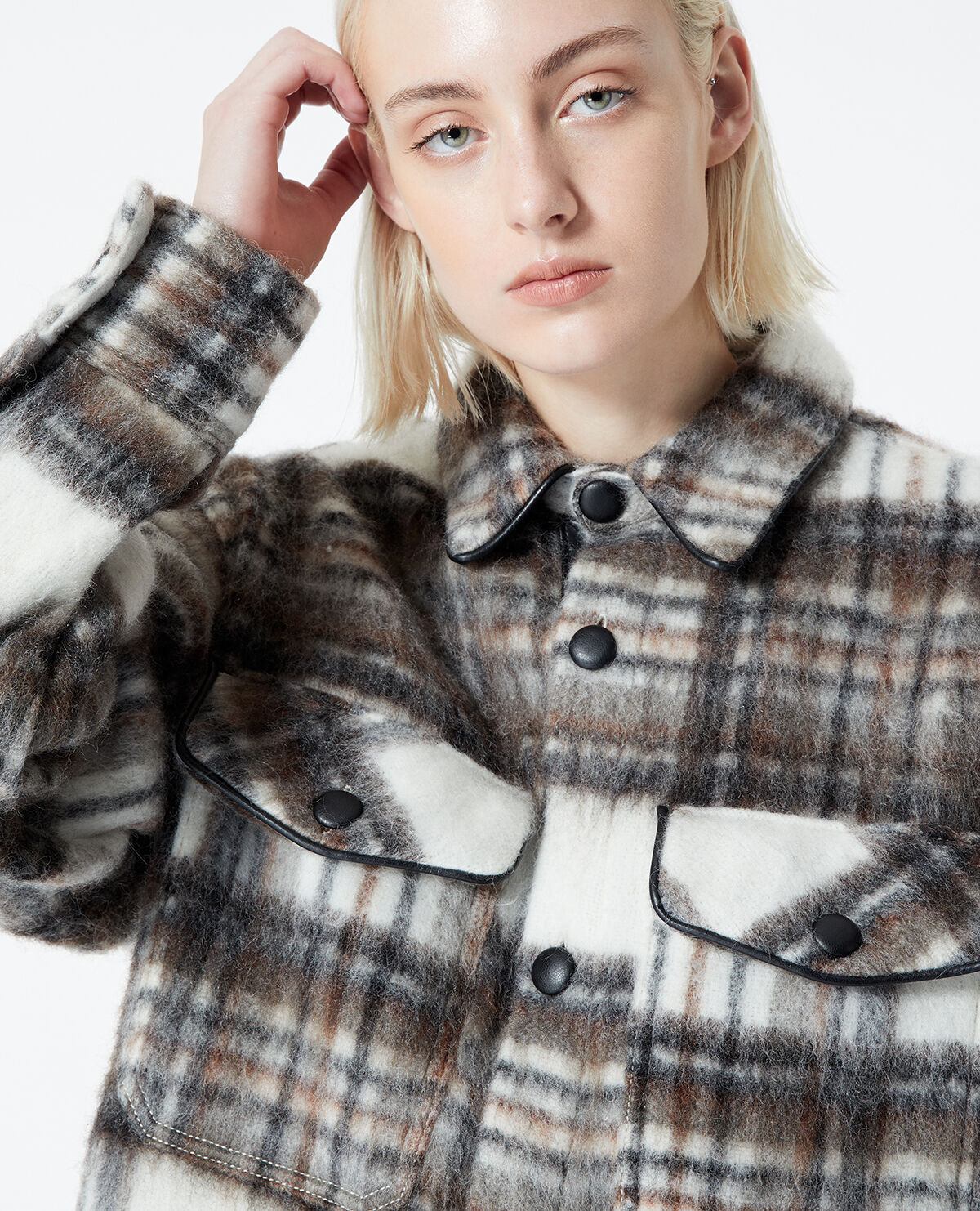 Oversized Wool Blend check shirt jacket with leather details | The