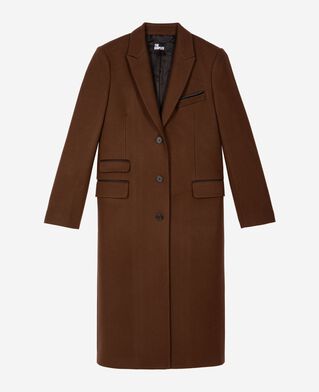The Kooples WOMEN CHOCOLATE long wool coat with brown leather details