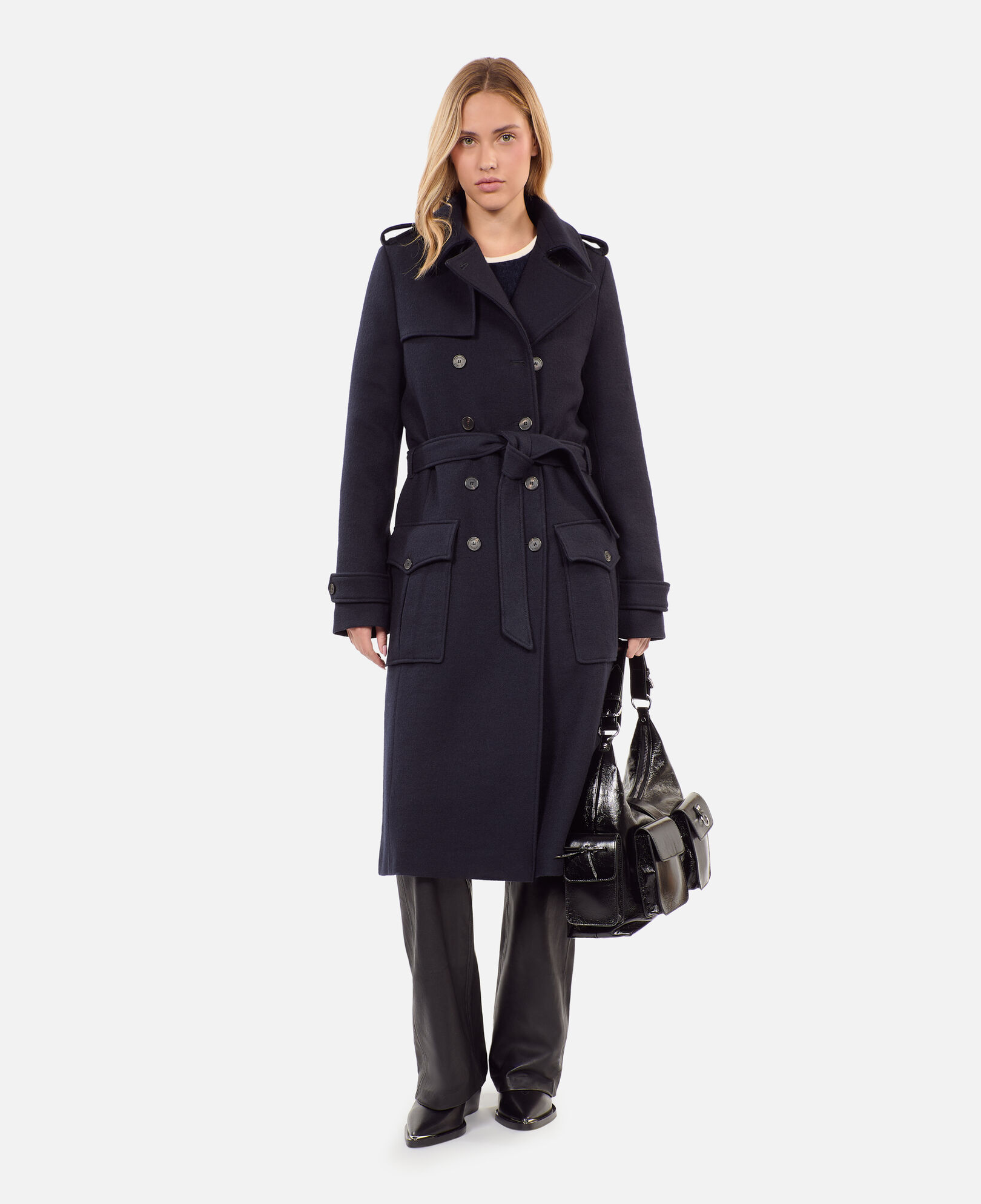 The Kooples WOMEN DARK NAVY long navy blue trench style coat