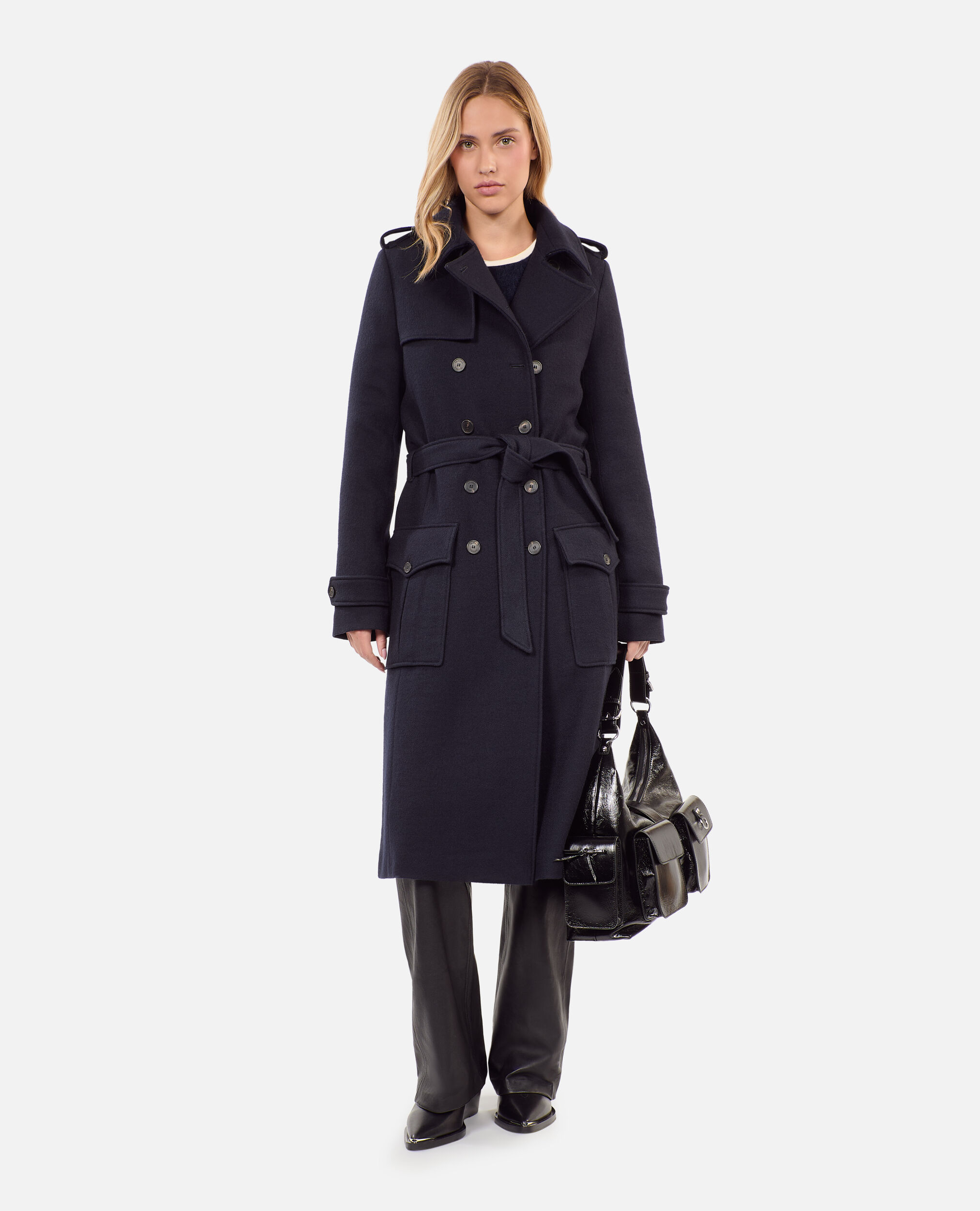 Long navy blue trench style coat, DARK NAVY, hi-res image number null