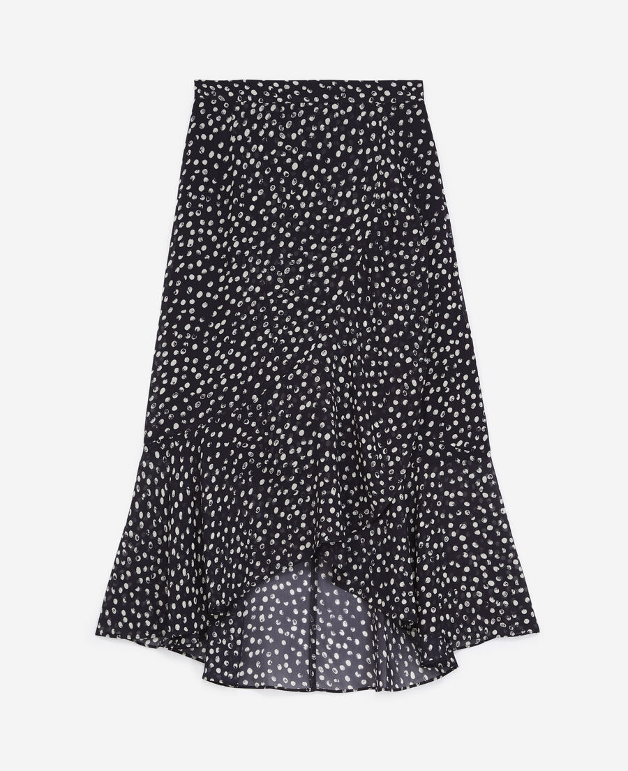 long flowing navy blue skirt with polka dots