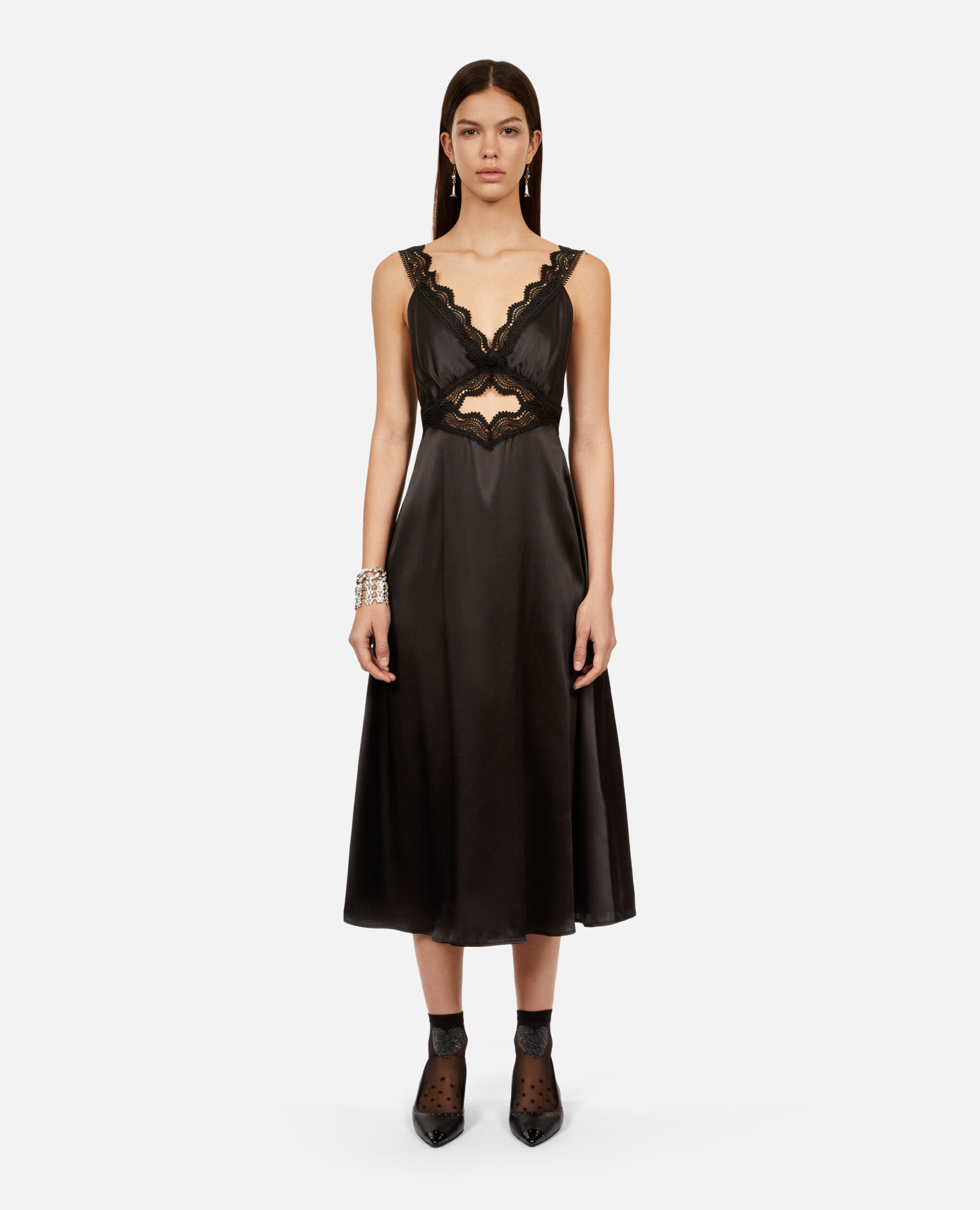 Long black slip dress with guipure, BLACK, hi-res image number null