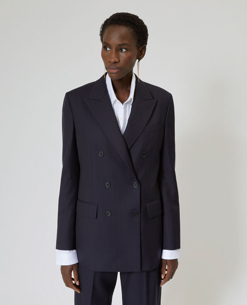 The Kooples FEMME NAVY-RED veste tailleur crois&eacute;e en laine ray&eacute;e marine