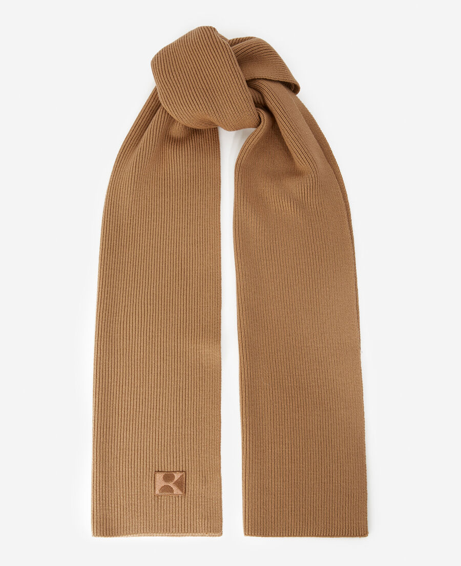 camel ribbed wool scarf with monogram