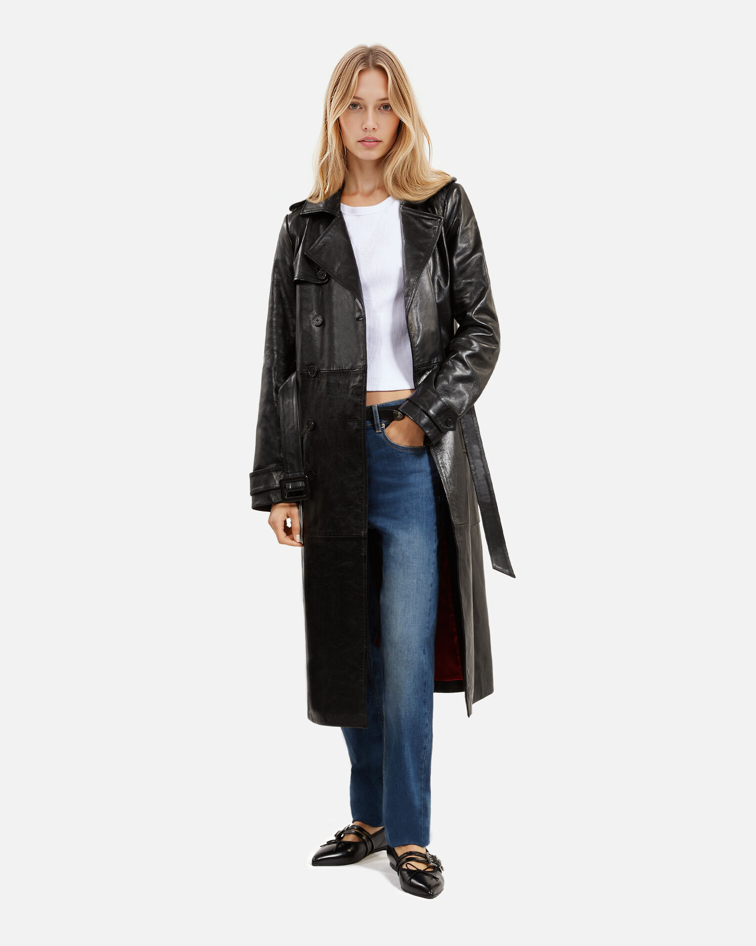 Trench long en cuir noir, BLACK, hi-res image number null