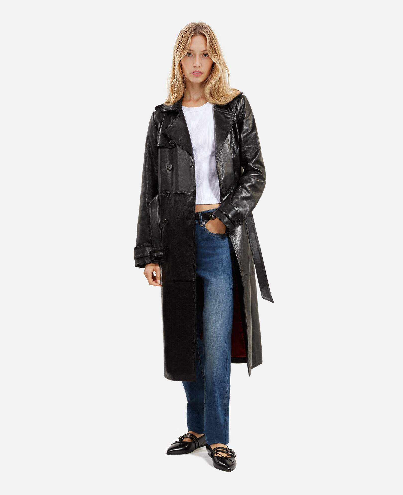The Kooples DAMEN BLACK langer, schwarzer trenchcoat aus leder