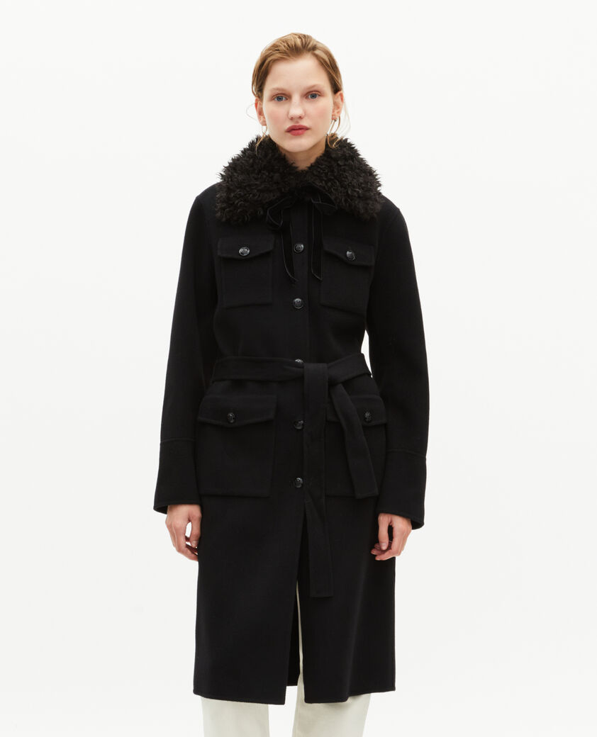 The Kooples DAMEN BLACK langer doppelseitiger wollmantel mit schwarzem sherpa-kragen