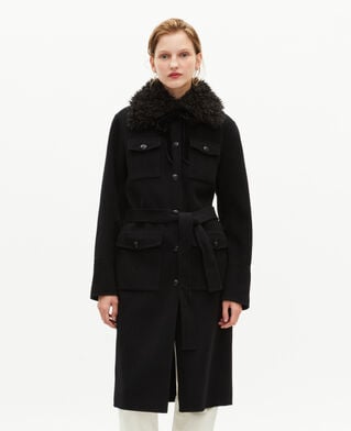 The Kooples DAMEN BLACK langer doppelseitiger wollmantel mit schwarzem sherpa-kragen