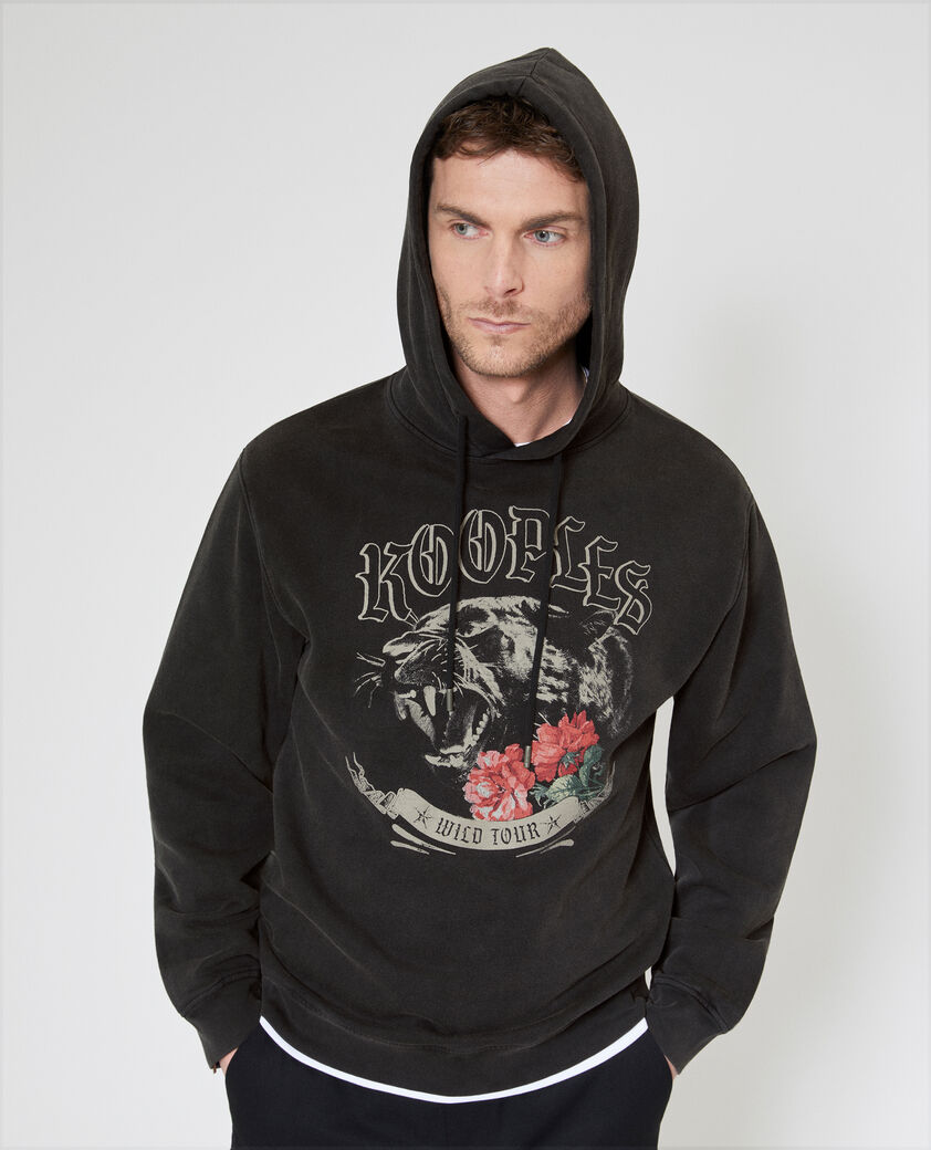 The Kooples HERREN BLACK WASHED kapuzen-sweatshirt mit siebdruck panther schwarz