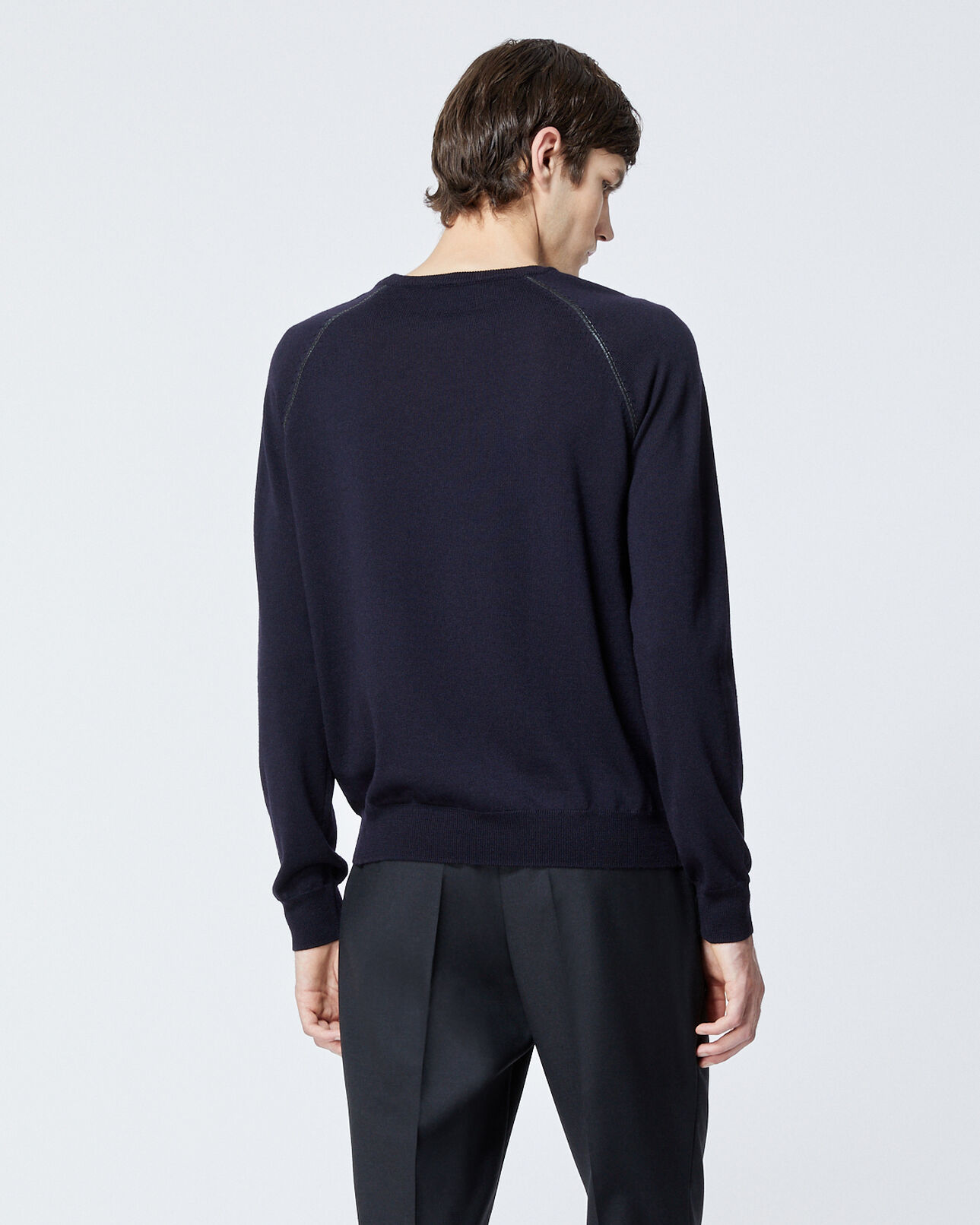 The Kooples HOMME DARK NAVY pull laine bleu marine à détail cuir