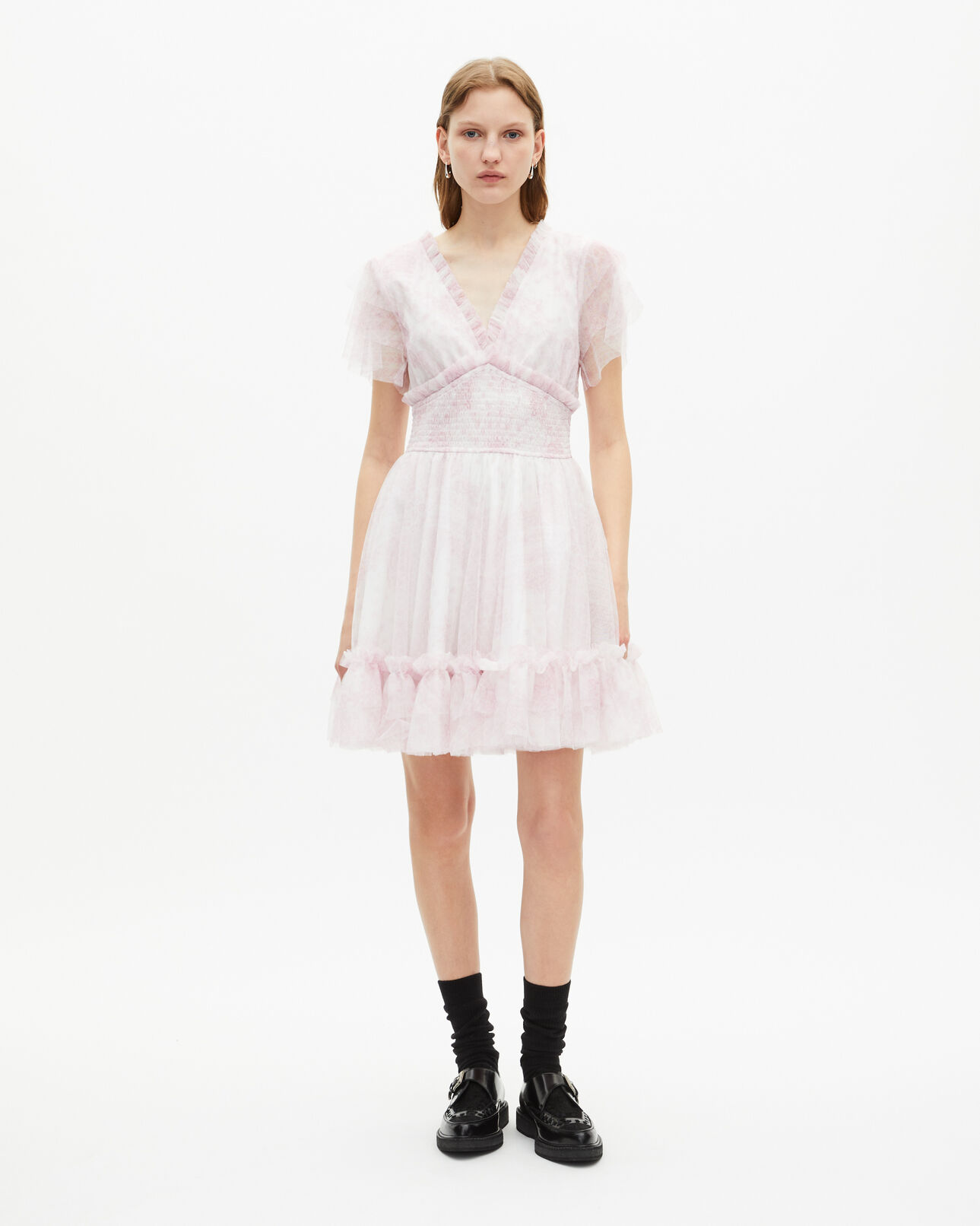 The Kooples WOMEN WHITE - PINK 'pale lilac' print short tulle dress