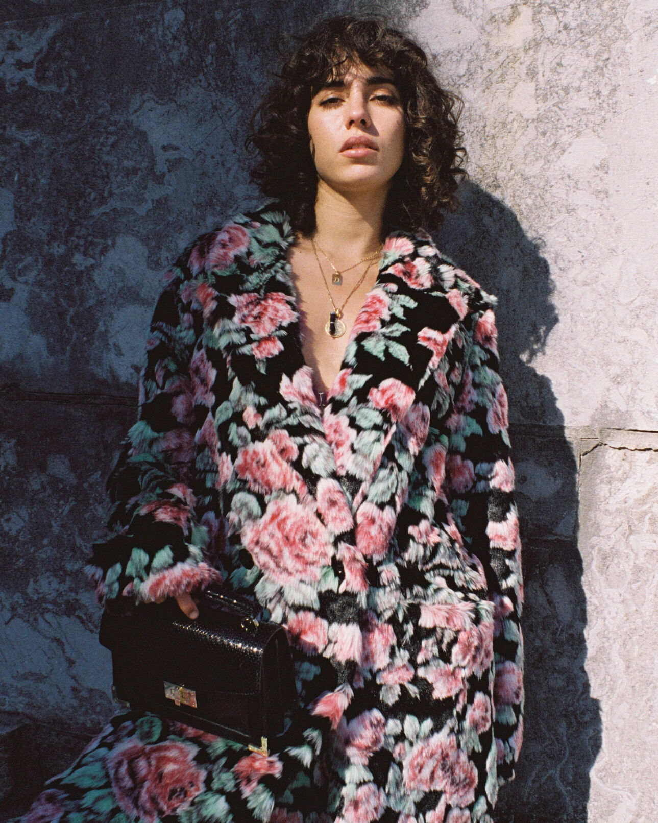 The Kooples WOMEN BLACK / PINK long fur coat with neon rose print