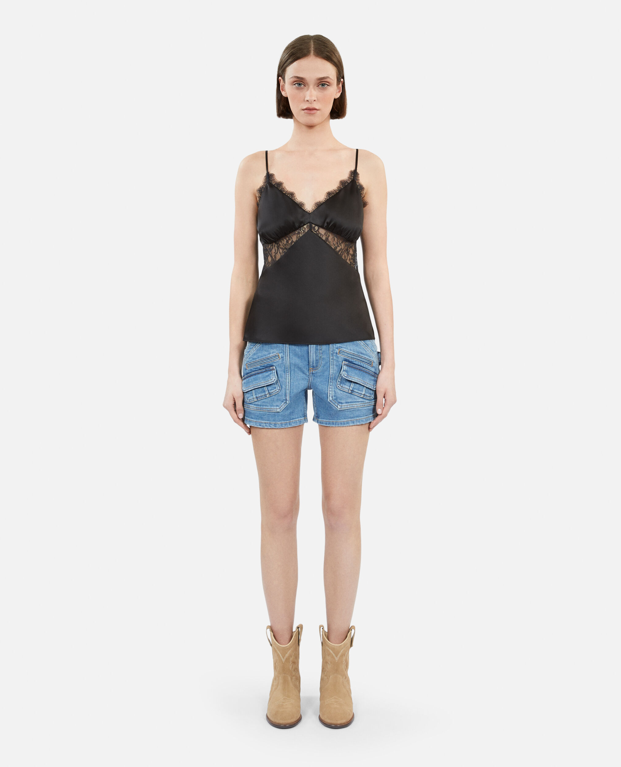 Black silk camisole with lace, BLACK, hi-res image number null