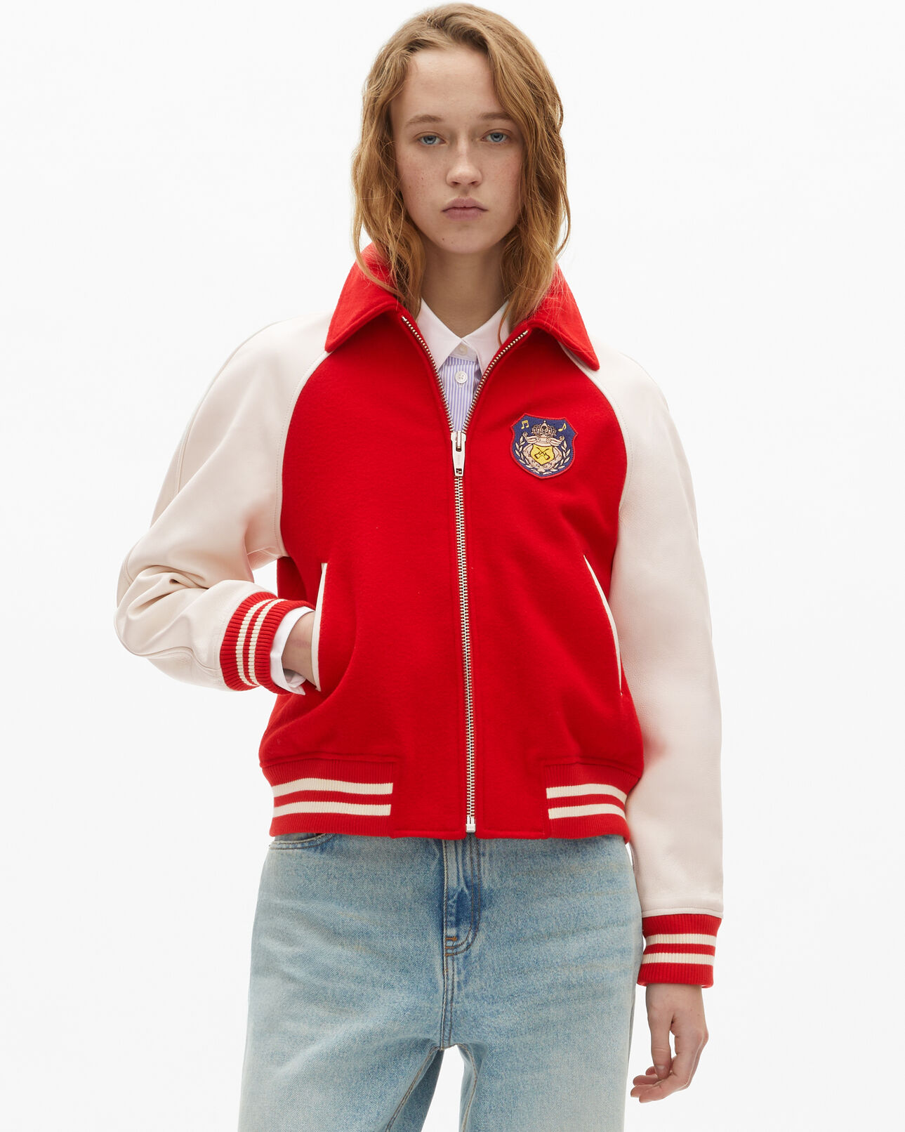 The Kooples FEMME RED / WHITE blouson en laine et cuir rouge et blanc